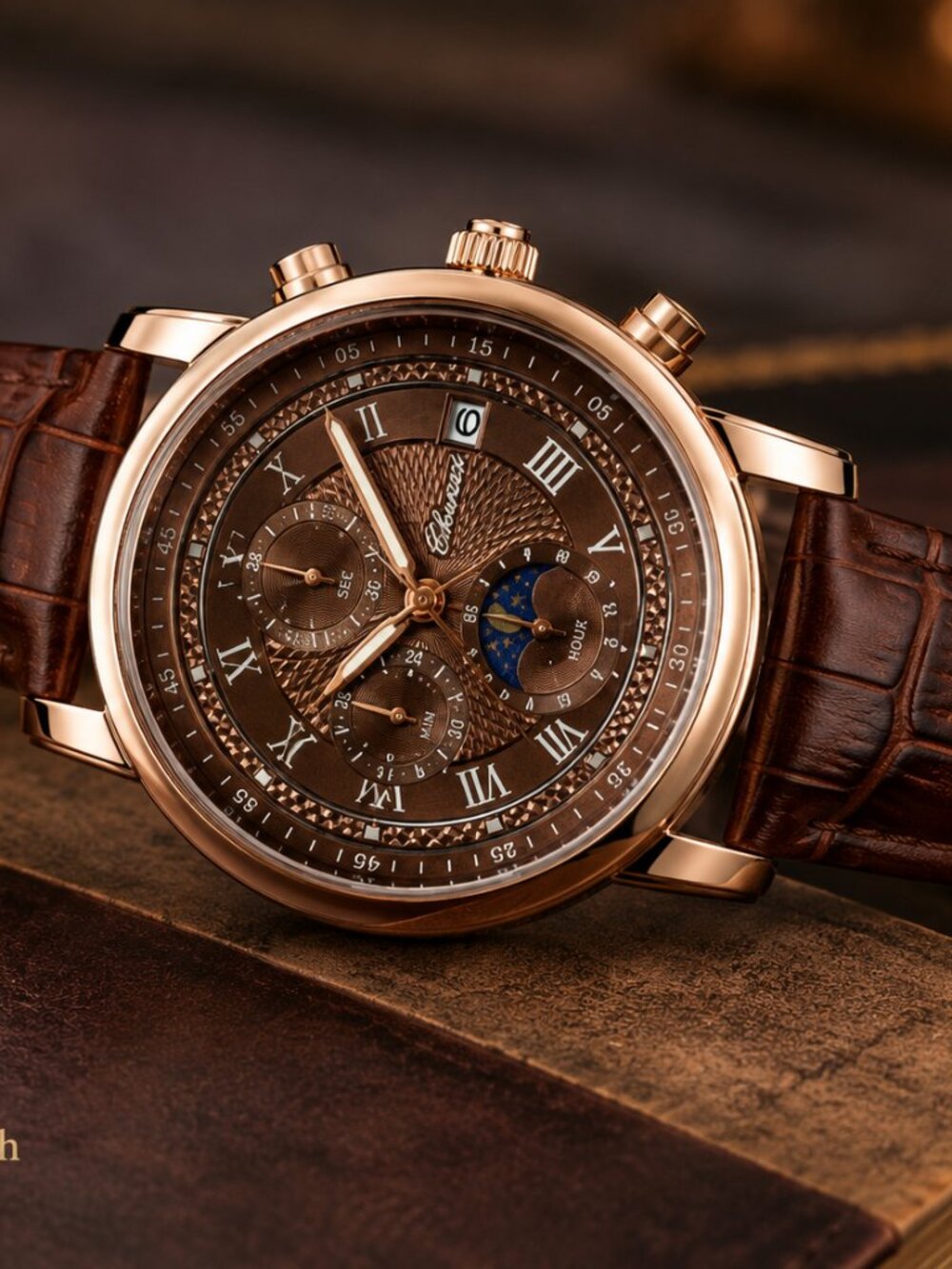 WA-19--Chenxi 976 Men's Rose Gold Business Quartz Watch Brown Leather Moon Phase